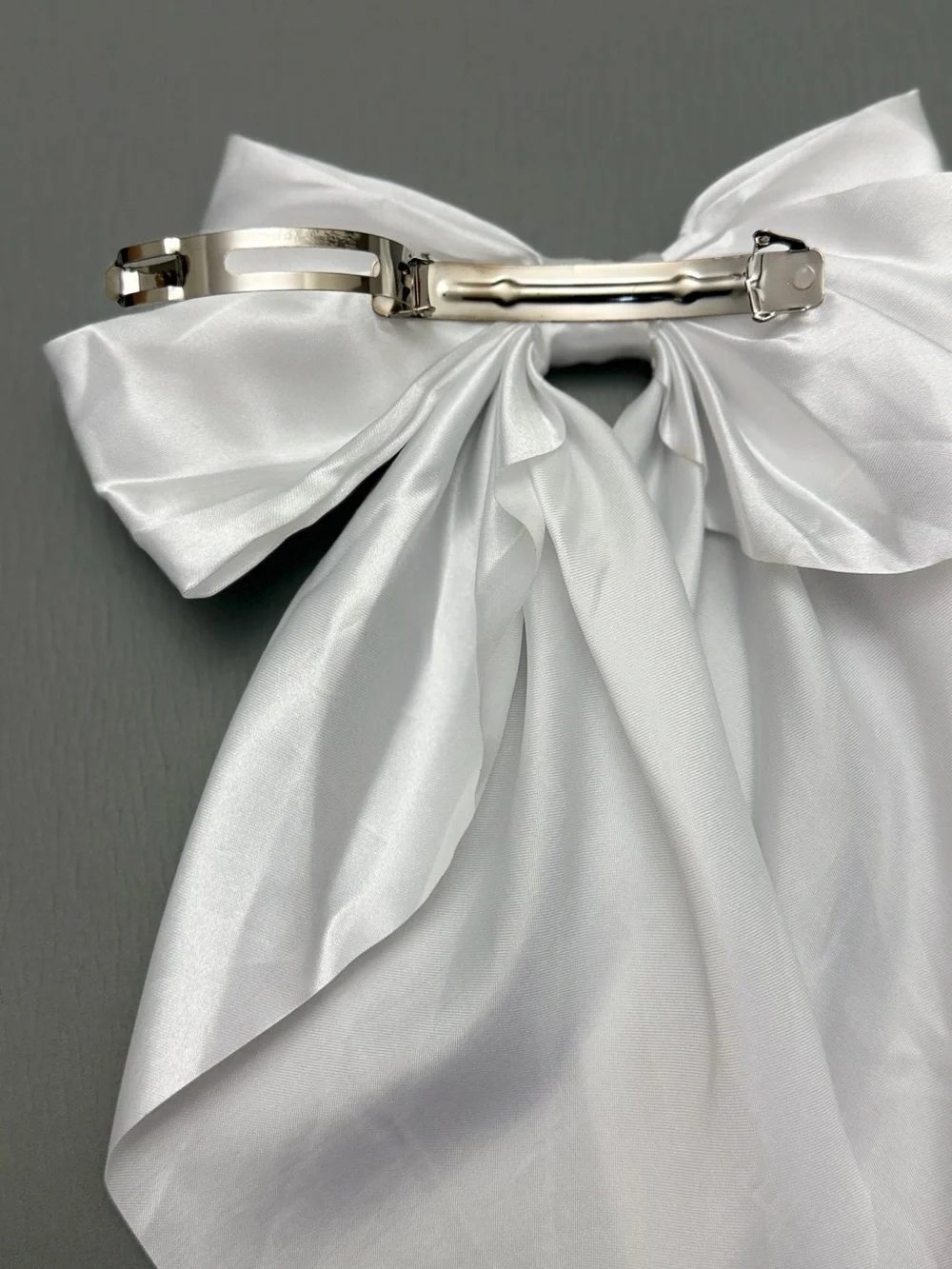 New Oversized White Satin Bow Hair Barrette Long Tail Hair Clip